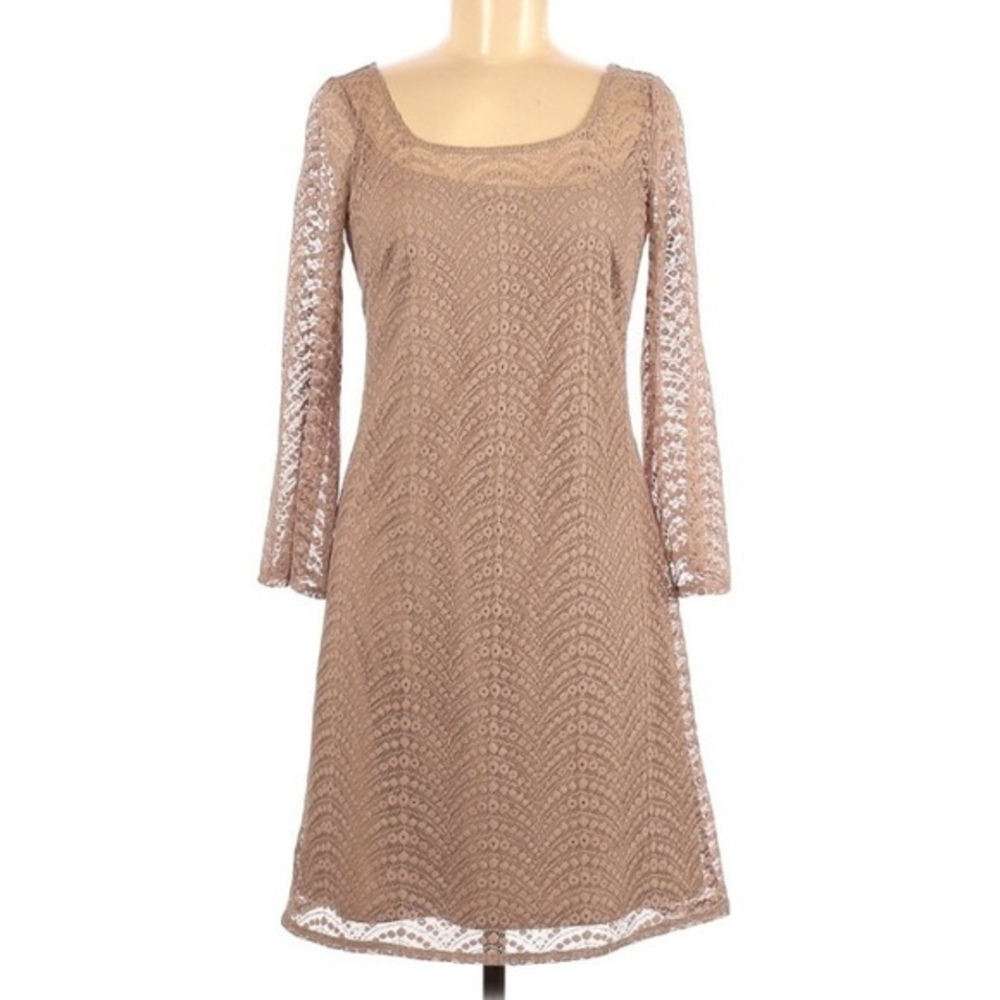 Muse 6‎ tan semi sheer eyelet crochet layered over slip square neck boho dress